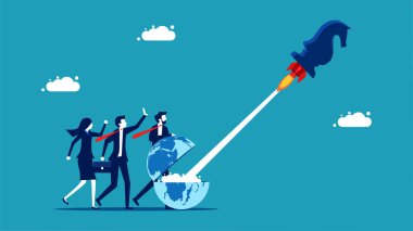 Business proactive strategy. businessman is launching a chess horse rocket from the world vector