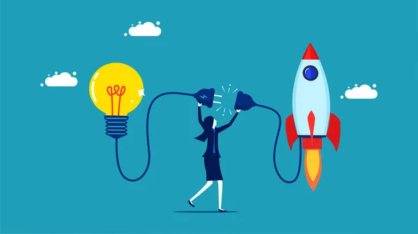 Business Creativity Businesswoman Connects Light Bulb Rocket Vector —  Vetores de Stock