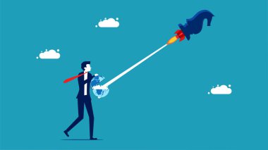 Business proactive strategy. businessman is launching a chess horse rocket from the world vector