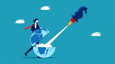 Business proactive strategy. businessman is launching a chess horse rocket from the world vector