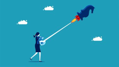Business proactive strategy. businesswoman is launching a chess horse rocket from the world vector