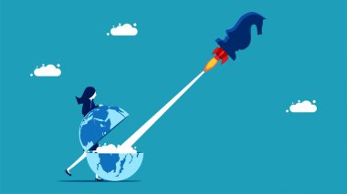 Business proactive strategy. businesswoman is launching a chess horse rocket from the world vector
