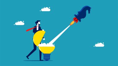 Creative proactive strategy. businessman is launching a chess horse rocket from a light bulb vector
