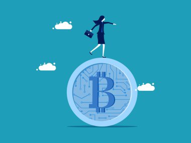 Maintain financial balance. Businesswoman standing on digital coin vector