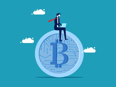 Manage finances. Businessman sitting on digital coins. business concept vector illustration