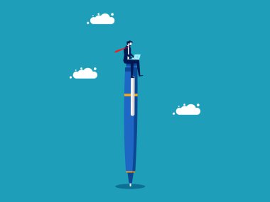 Thinking work. businessman sits and works on a pen. business concept vector illustration