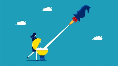 Proactive business strategy. Businesswomen launch rockets on chess horses. vector illustration