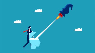  Proactive business strategy. Businessmen launch rockets on chess horses. vector illustration