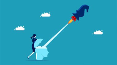 Proactive business strategy. Businesswomen launch rockets on chess horses. vector illustration