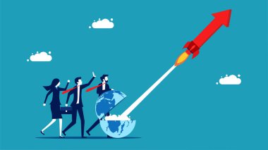 The world economy grows. Businessman shooting arrowhead rocket. vector illustration