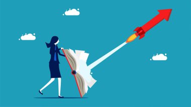 Knowledge advances and grows. Businesswoman shooting arrowhead with a book