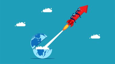 progress and grow. Businessman riding an arrowhead out of a globe. vector