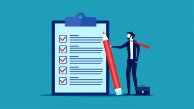 The job is complete. businessman with a pencil marks the completed work checkbox vector