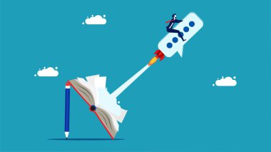 Communication and messaging. businessman sitting on a rocket speech bubble out of a book. vector