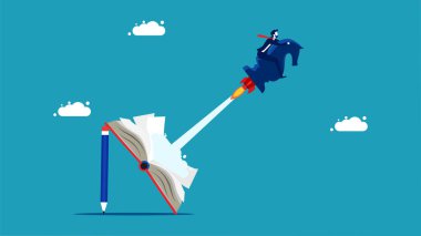 New strategy book. Launch a flying chess horse rocket from the book vector