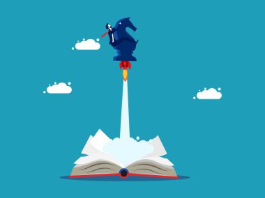 New strategy book. Launch a flying chess horse rocket from the book vector