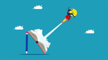 Launching a new concept. light bulb rocket shot out of a book vector