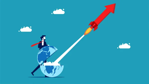World Economy Grows Businessman Shooting Arrowhead Rocket Vector Illustration — Vetor de Stock