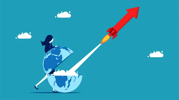 World Economy Grows Businesswoman Shooting Arrowhead Rocket Vector Illustration — Wektor stockowy