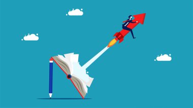 Knowledge growth. Arrow rockets flew out of the book. vector illustration