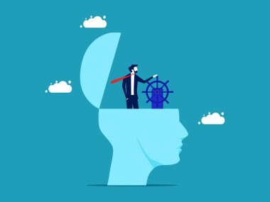 Self control in the right direction. businessman controls the steering wheel on his head vector