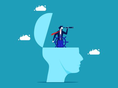 Business leaders have visions. businessman controls the steering wheel with binoculars on head vector