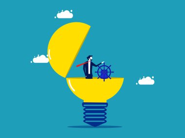 Creative business leader. businessman controls a steering wheel on a light bulb vector