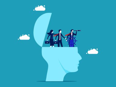 Business leaders have visions. businessman controls the steering wheel with binoculars on head vector