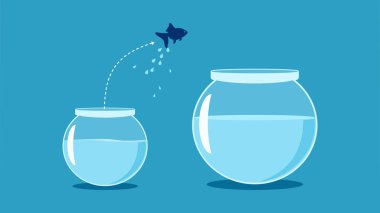 Think big and ambitious. The fish jumped from the small fish bowl to the big fish bowl vector