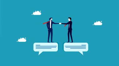 Communication negotiations. business people shaking hands on speech bubbles vector