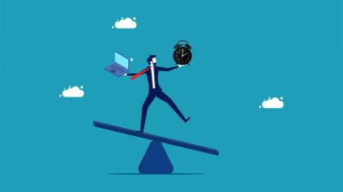 businessman balances work and time on the scales. vector illustration eps