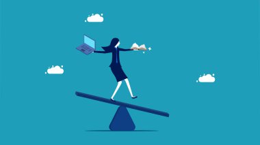 businesswoman balances work and education on the scales. vector illustration