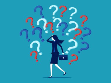 Confusion and questions or solutions. businesswoman make decisions with many question marks vector illustration