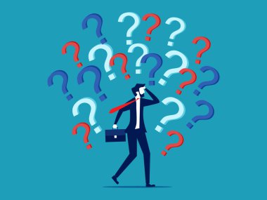 Confusion and questions or solutions. businessman make decisions with many question marks vector
