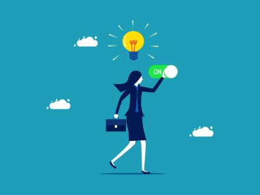 Initiate the idea. businesswoman turns on a thought light bulb on head. vector illustration