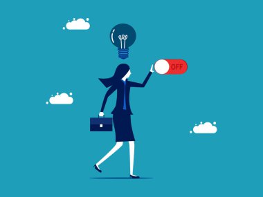Start an idea. businesswoman is about to turn on a thought bulb on head. vector illustration