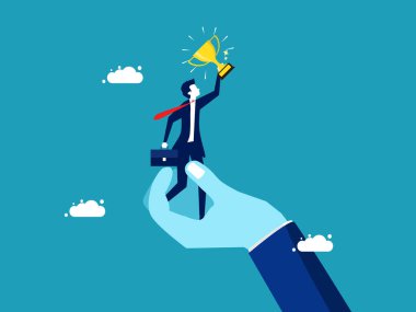 Encourage success in life. Businessman holding a trophy in support hand. vector illustration