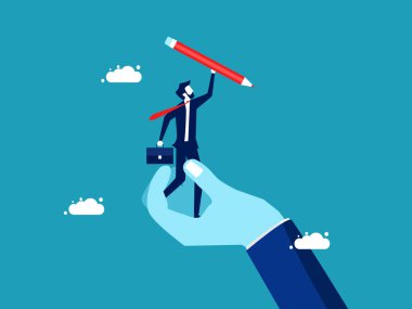 Promote success in learning. Businessman holding a pencil in support hand vector illustration