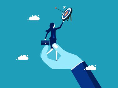 Support to achieve goals. Businesswoman holding a goal standing on a support hand. vector illustration