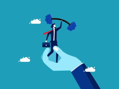 Support strength. Businessman holding dumbbells on support hand. vector illustration