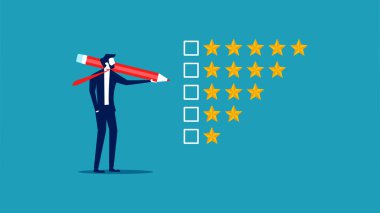 Satisfaction assessment. businessman holding a pencil to evaluate the star feedback vector