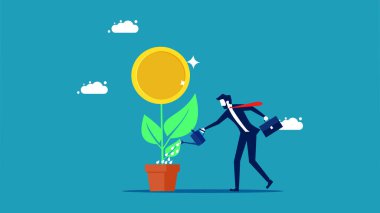 Investment profits. Businessman pouring water to plant a money tree vector illustration