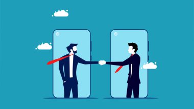 Work remotely or say hello online. business people shaking hands from the phone vector