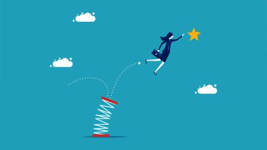 development to achieve success. businesswoman jumps on a high spring to grab a star vector