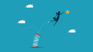 development to achieve success. businesswoman jumps on a high spring to grab a star vector