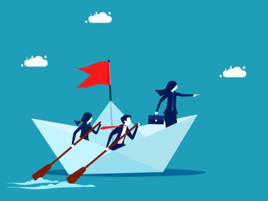 Zorlu fikirler. Deniz hayatta kalma gemisinin kaptanı iş kadını vektör çizimi