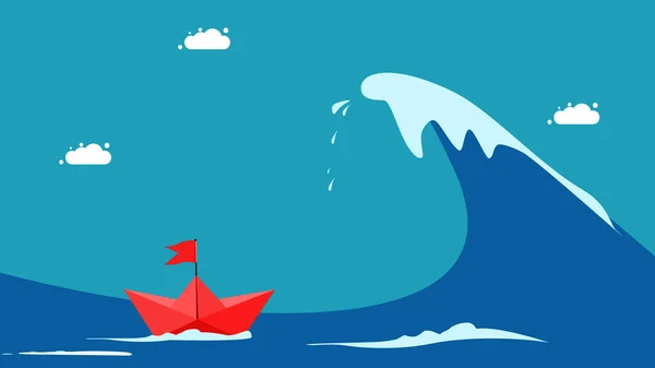 Liderlik Kavramı Kırmızı Kağıt Tekne Fırtınalı Dalgalara Meydan Okuyor Vektör — Stok Vektör