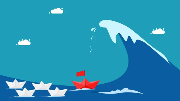 Liderlik Kavramı Kırmızı Kağıt Tekne Fırtınalı Dalgalara Meydan Okuyor Vektör — Stok Vektör