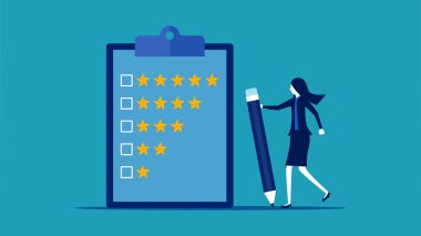 Değerlendirme veya memnuniyet geri bildirimi. Yıldız vektörünü değerlendirmek için elinde kalem tutan iş kadını