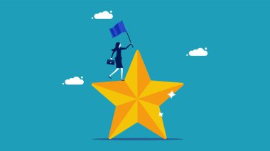 Büyük iş adamı zaferi. İş kadını büyük bir yıldıza bayrak kaldırıyor. Vektör illüstrasyonu